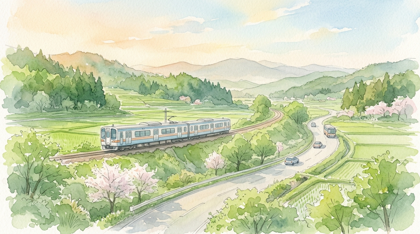 自家用車通勤と電車・公共交通機関通勤の距離や所要時間を比較する教員のイラスト