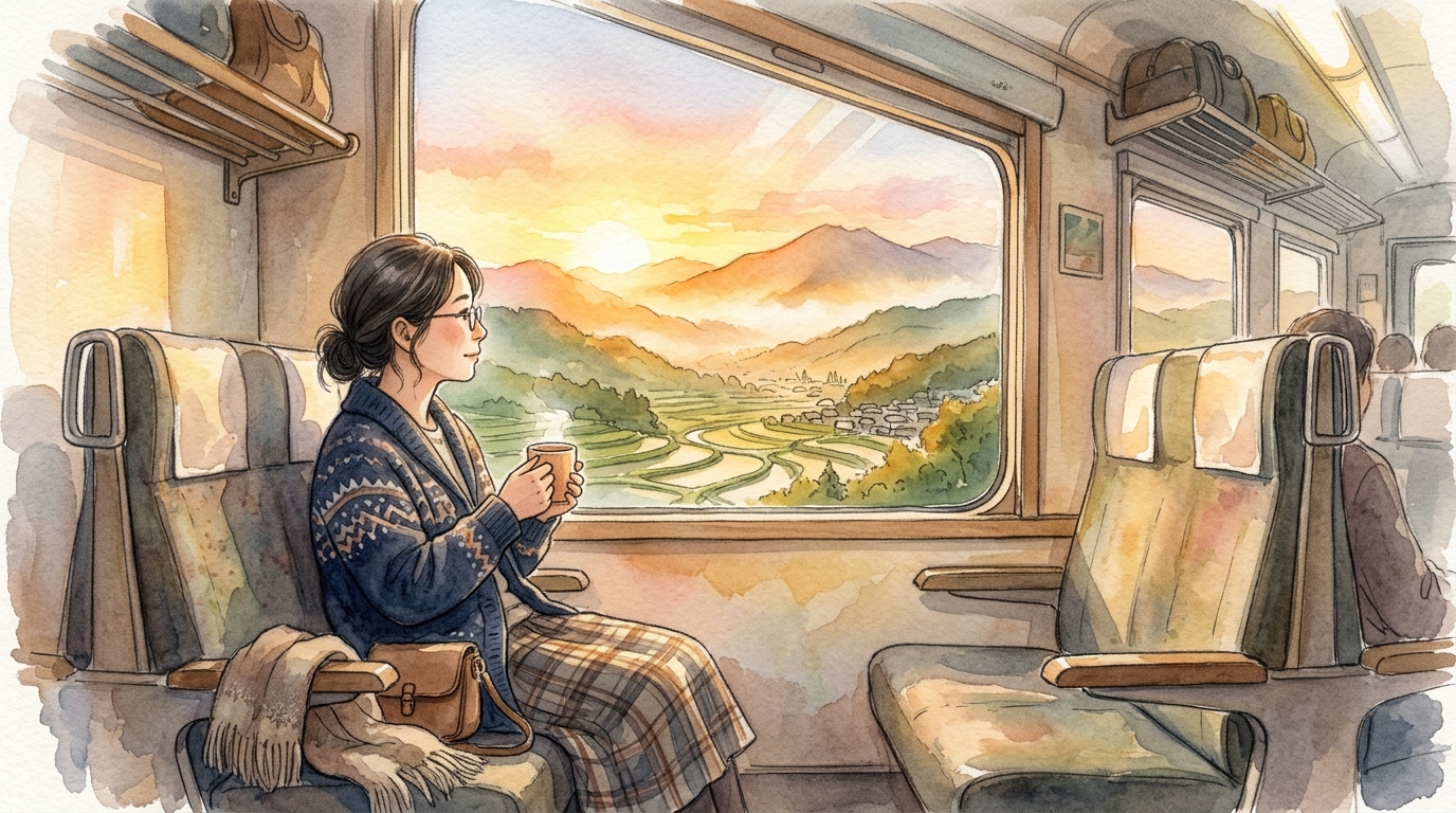 新幹線車内でタブレットを開く教員と高速道路のETCゲートのイラスト