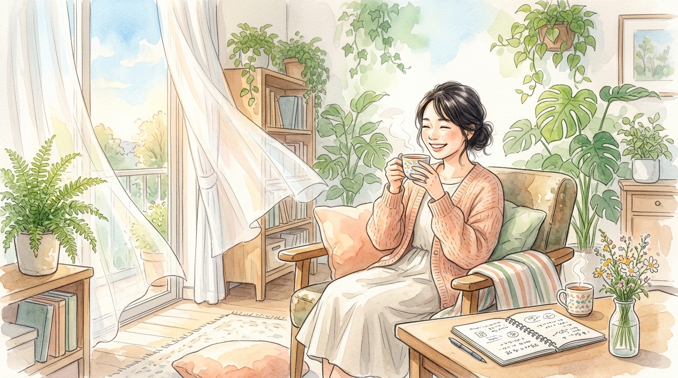 通勤コストを見直して資産運用ノートとスマホの成長グラフを見て笑顔になる教員のイラスト