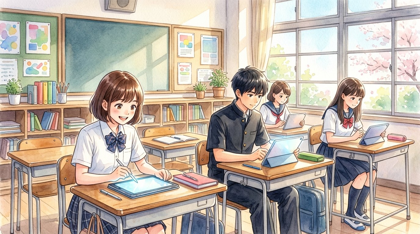 明るい教室で生徒たちがタブレットからスタディサプリにスムーズにログインし学習する情景