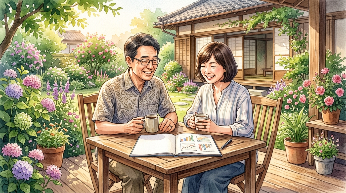 教員夫婦が長期の資産形成ロードマップで老後資金と豊かなセカンドライフを築くイメージ
