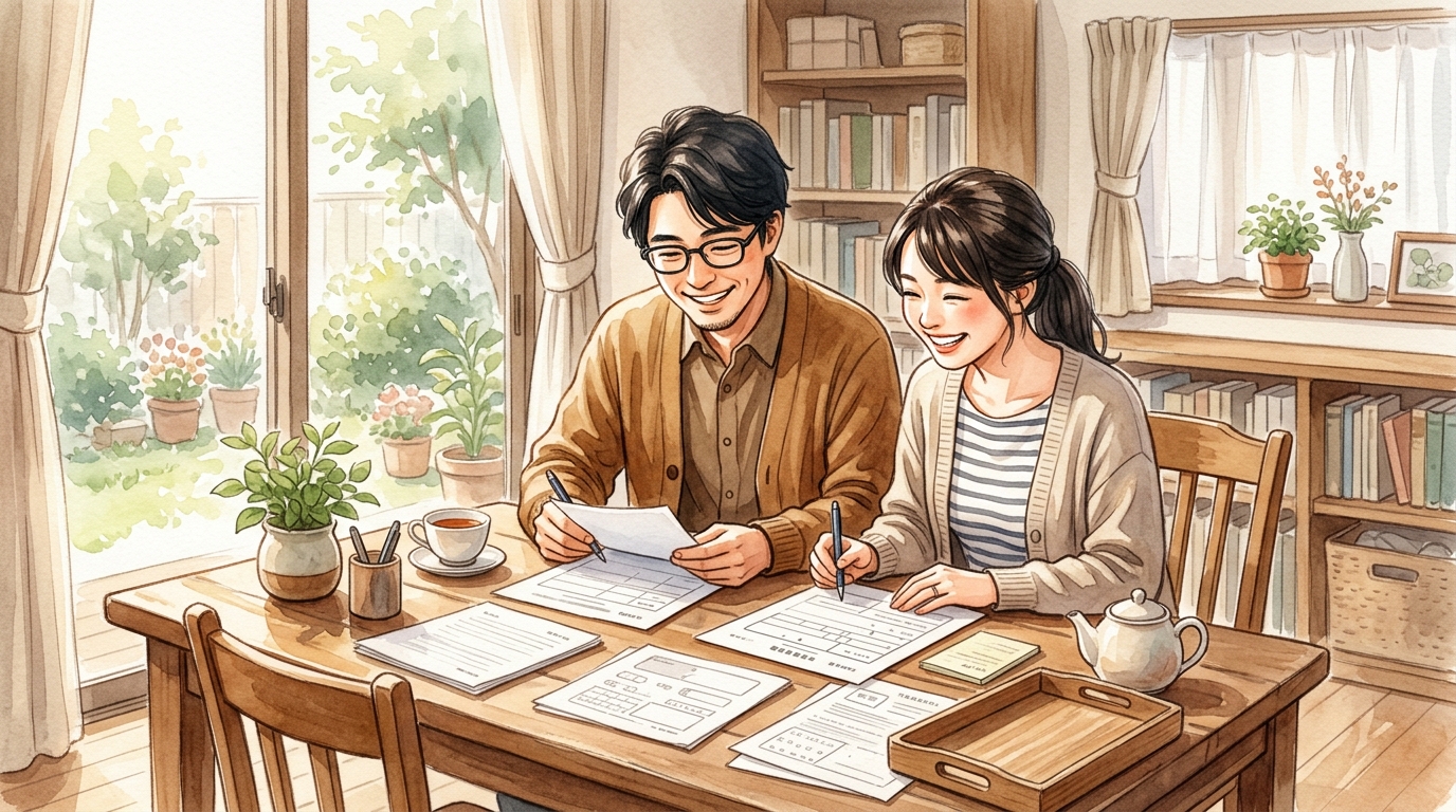 夫婦教員が結婚後の扶養手当申請や各種名義変更手続きを進めるイメージ