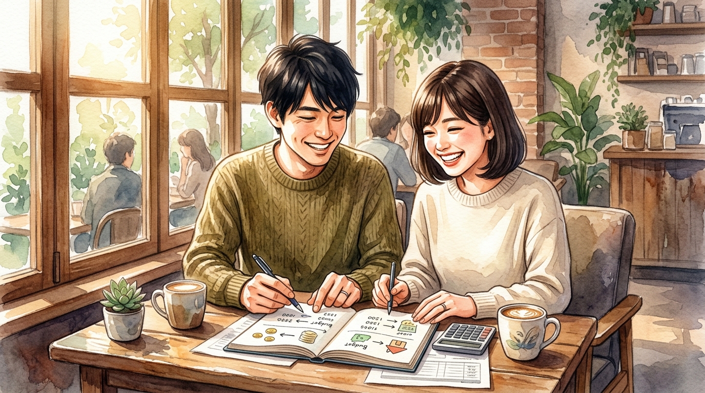 教員夫婦が結婚後の家計管理と新NISAを活用した資産形成を計画するイメージ