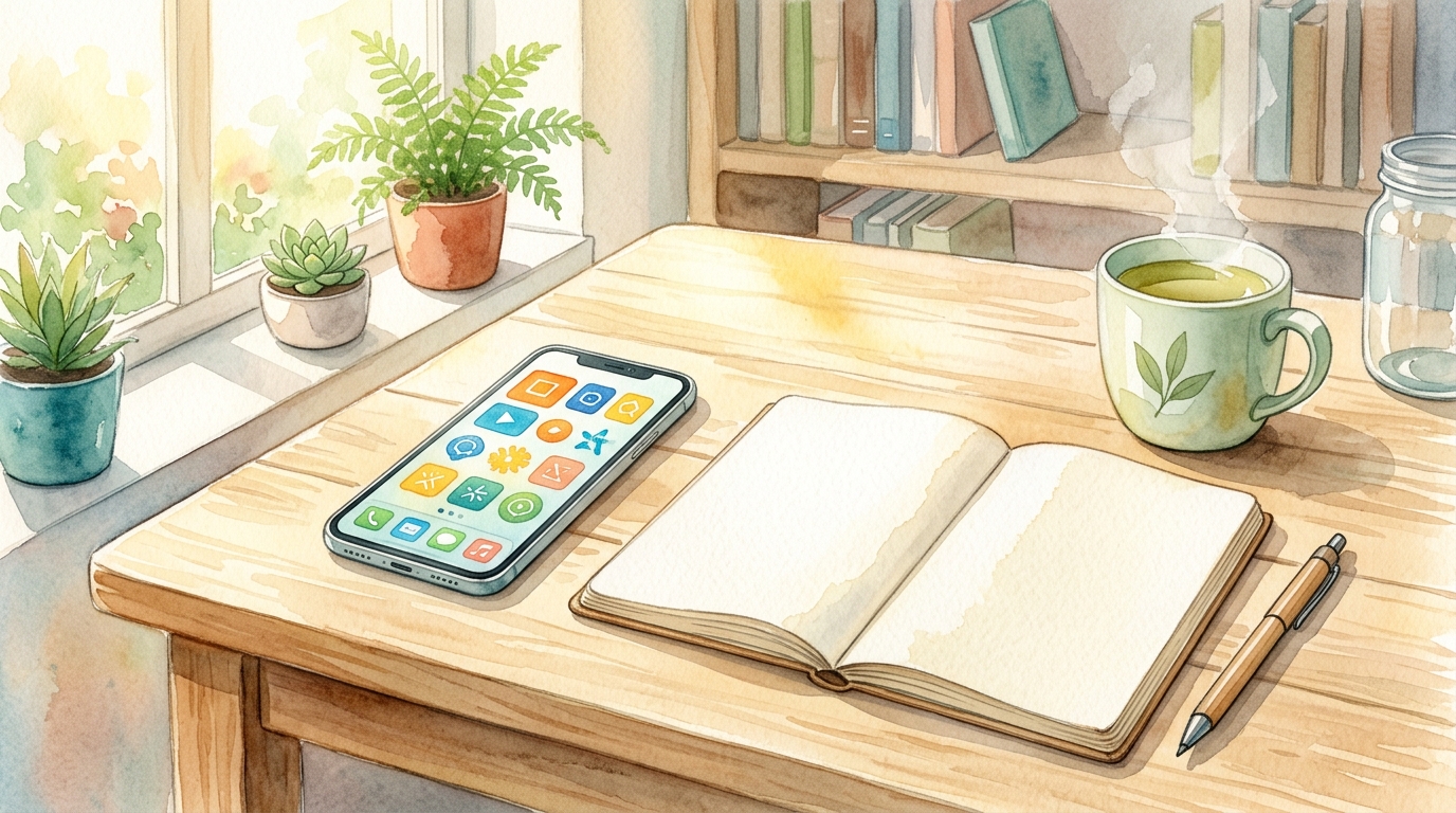 デスク上のスマホでAI自動生成されたカードを学習するイメージ