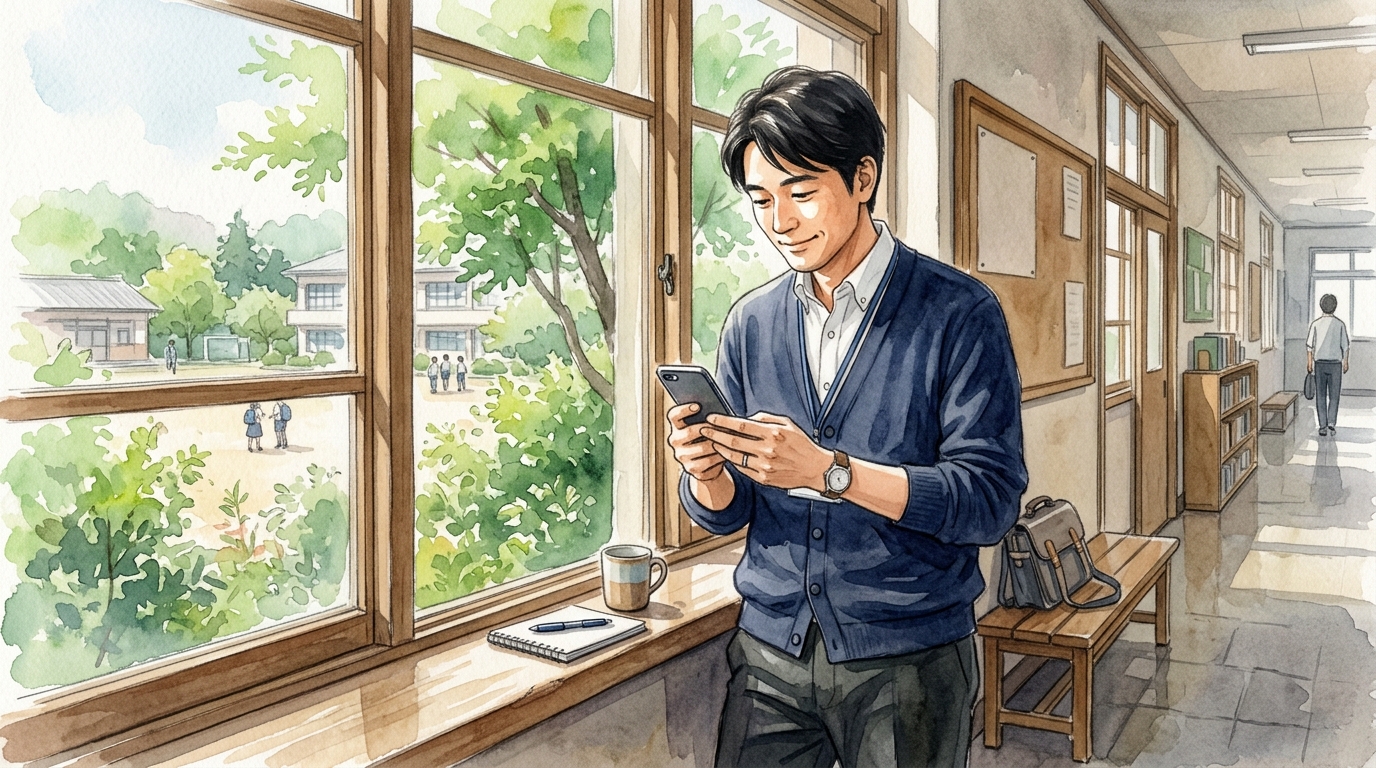 職員室の廊下でスキマ時間にスマホを開く教員の様子
