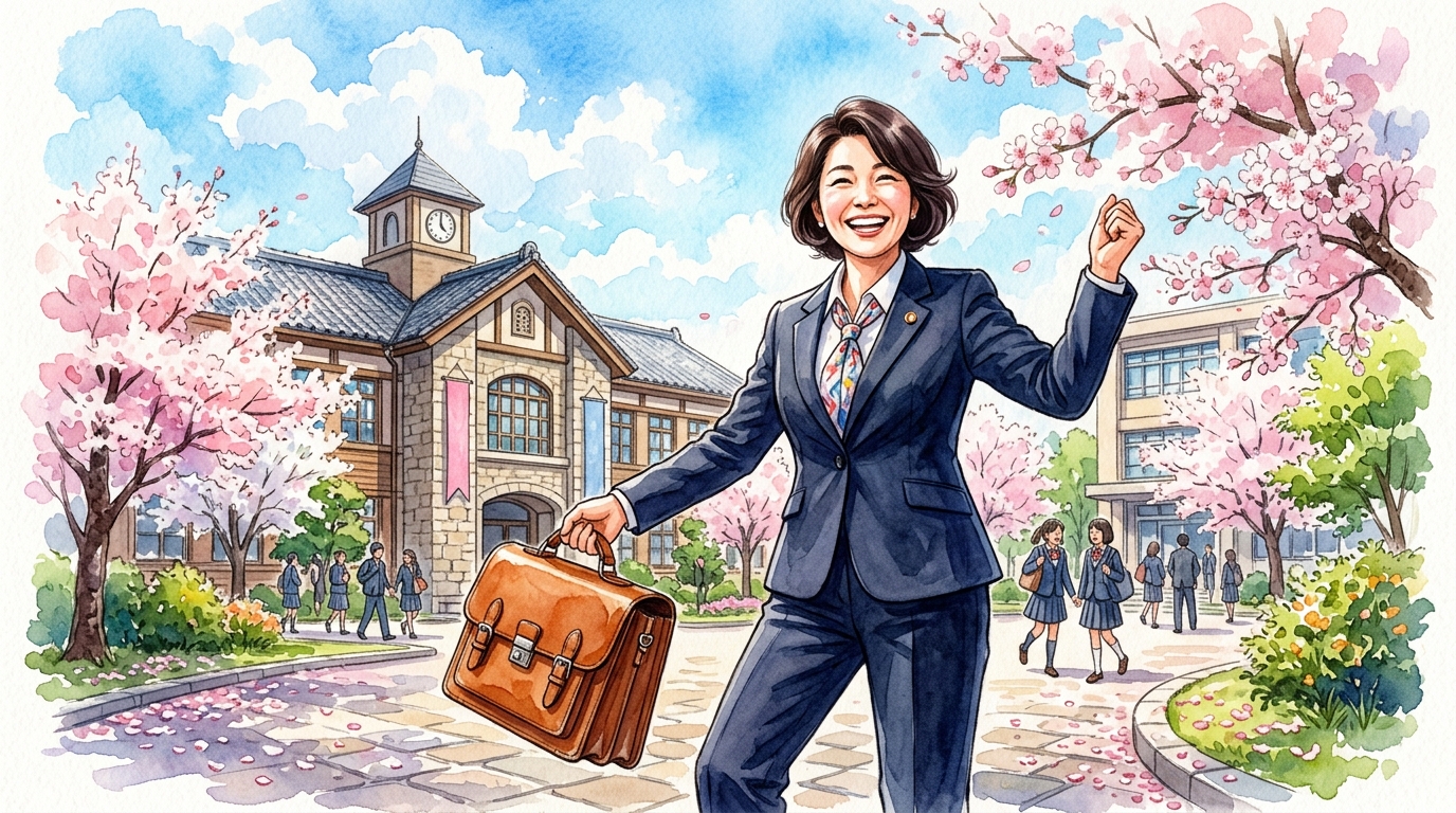 満開の桜が咲く校舎の前で教員採用試験の合格を喜ぶ新任教員の姿
