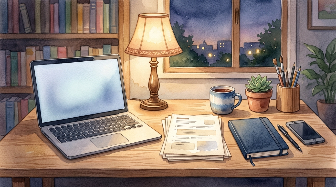 夕方のデスクでPCとスマホを連携させながら復習カードを整理する様子