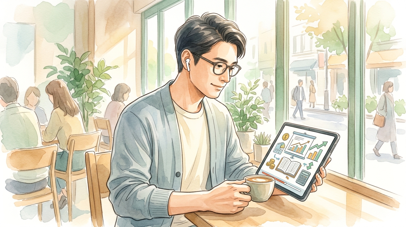 多忙な平日でもスマホを活用して簿記講義を効率的に受講するイメージ