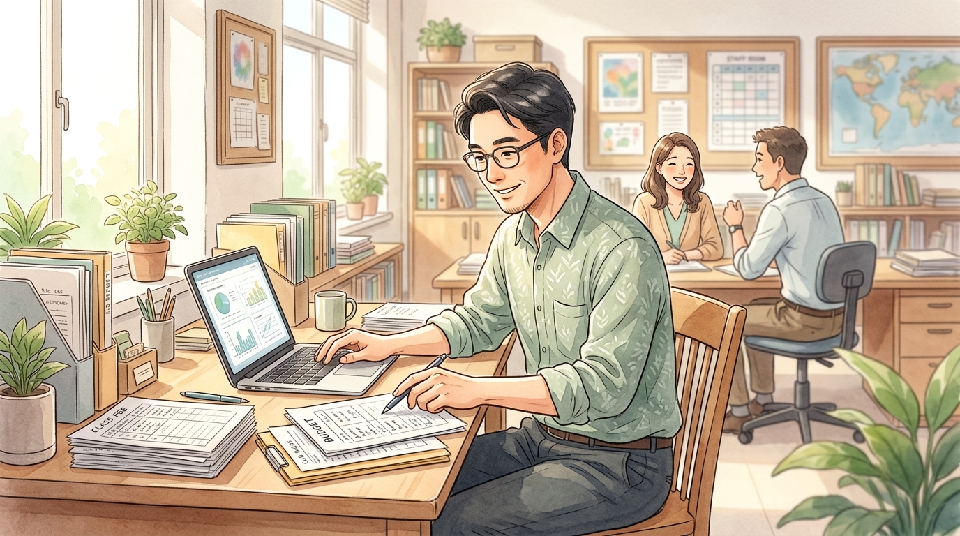 簿記の知識で学年費や校務予算の管理をスムーズに進めるイメージ