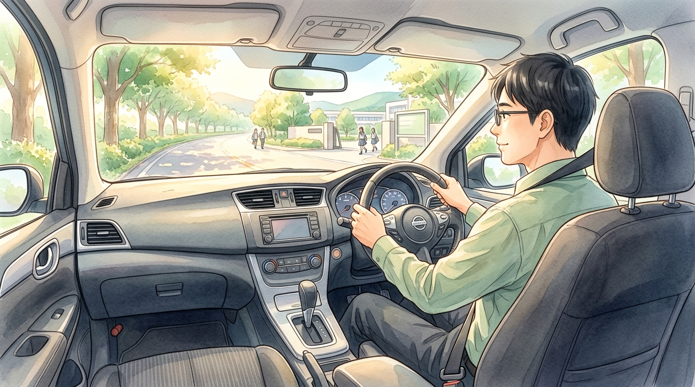 手厚い共済自動車保険と安全運転で通勤する教員のイメージ