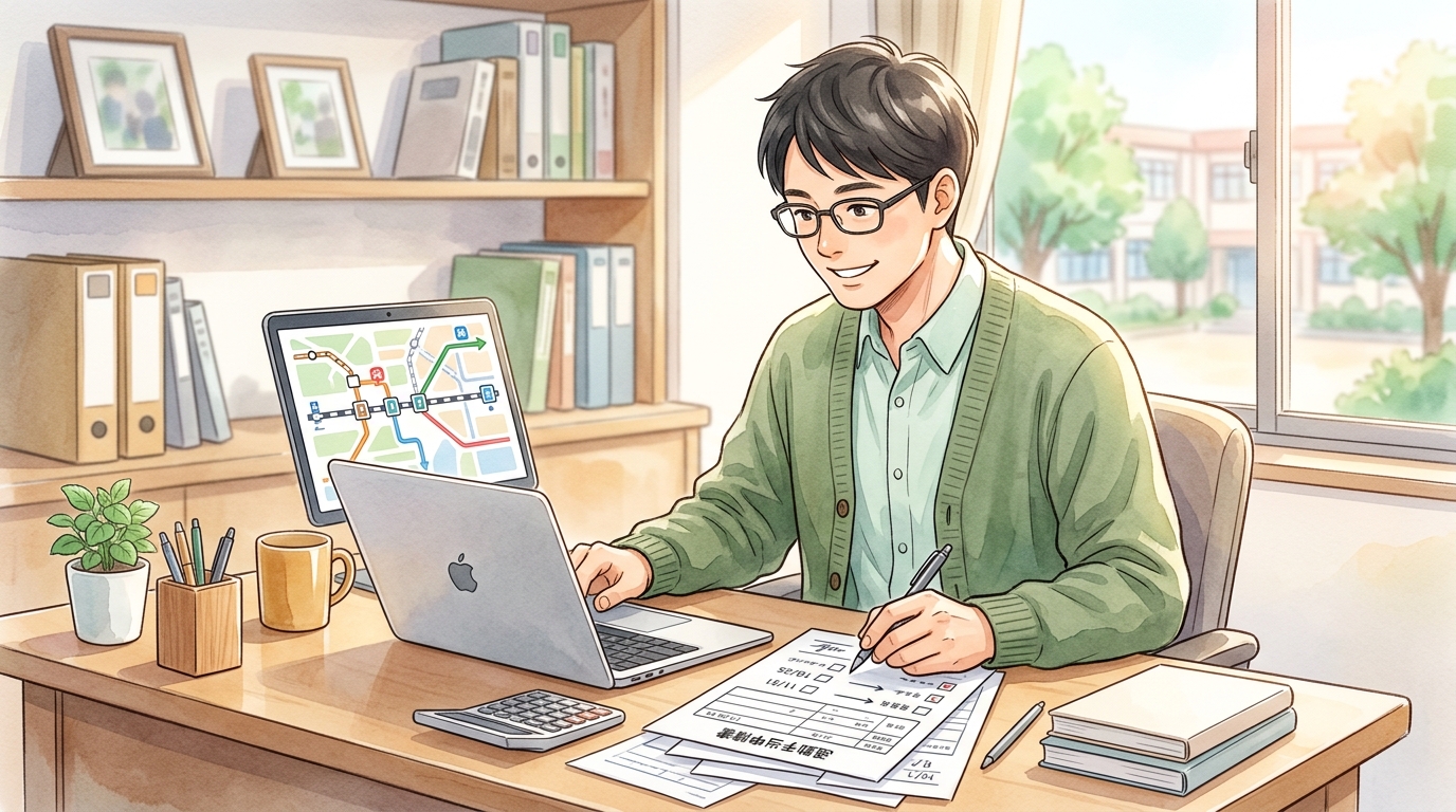 片道通勤距離とガソリン手当の計算を確認する教員のイメージ