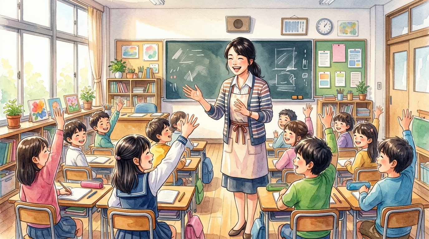 明るい教室で子どもたちと生き生きと授業を行う新任教員の姿