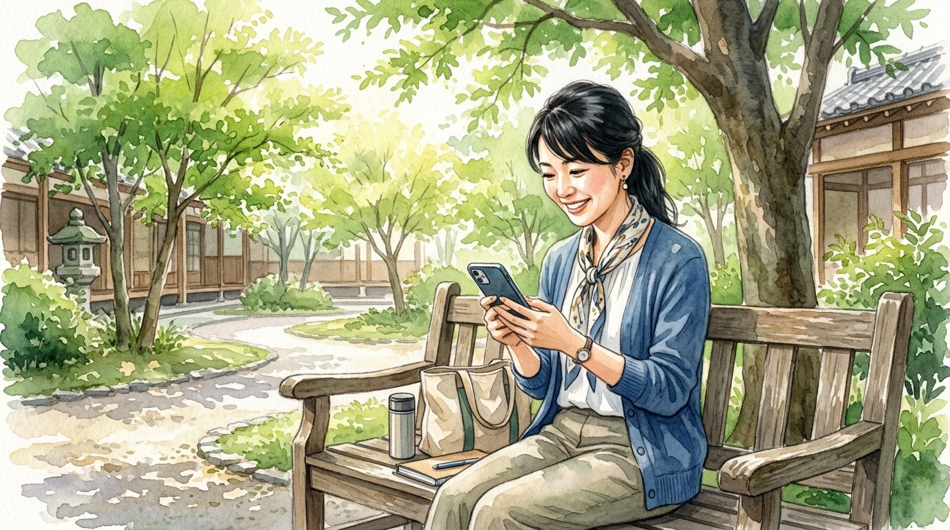 学校の中庭でスマホを使って効率よく学習する教員