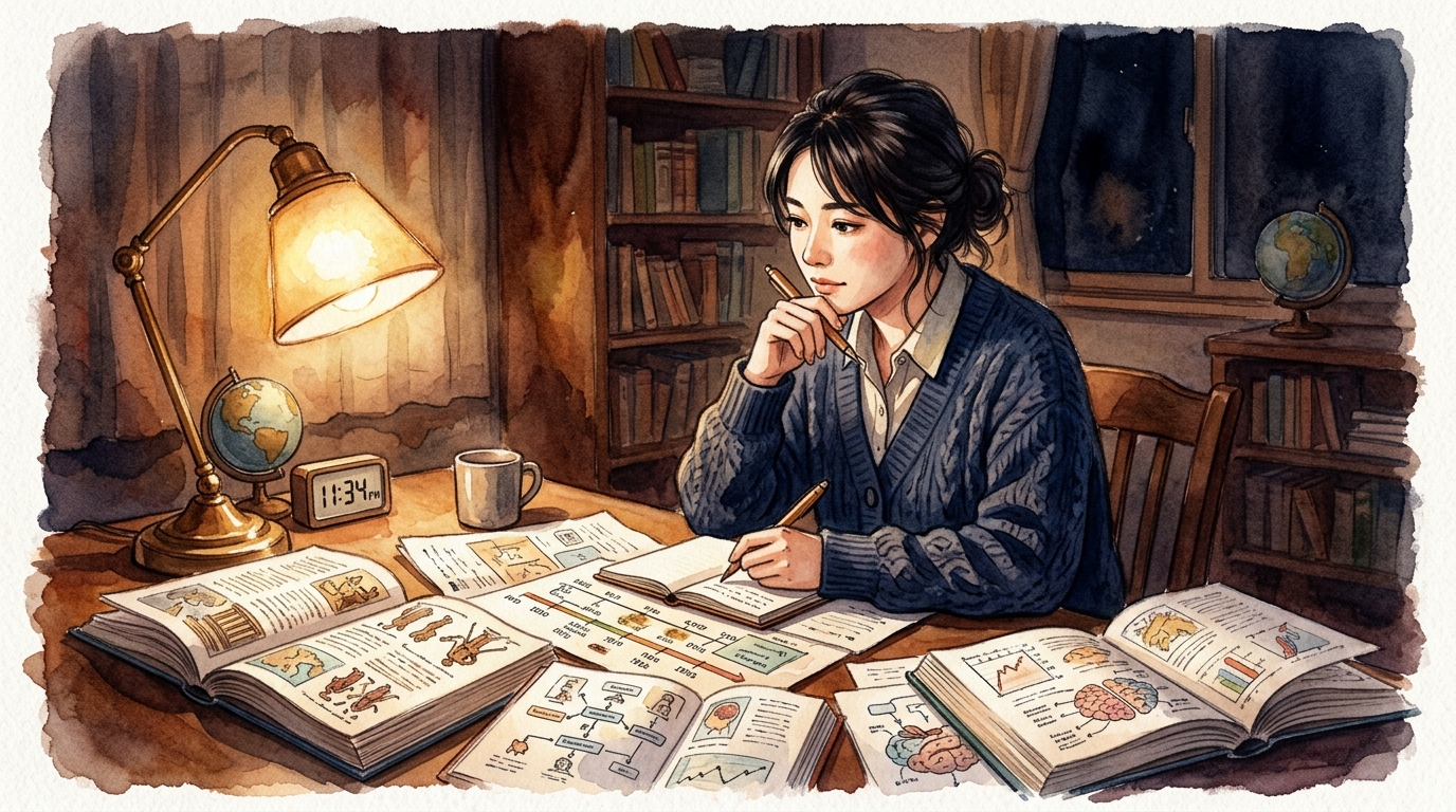 夜遅くに人物チャートと参考書を前に思案する教員の様子