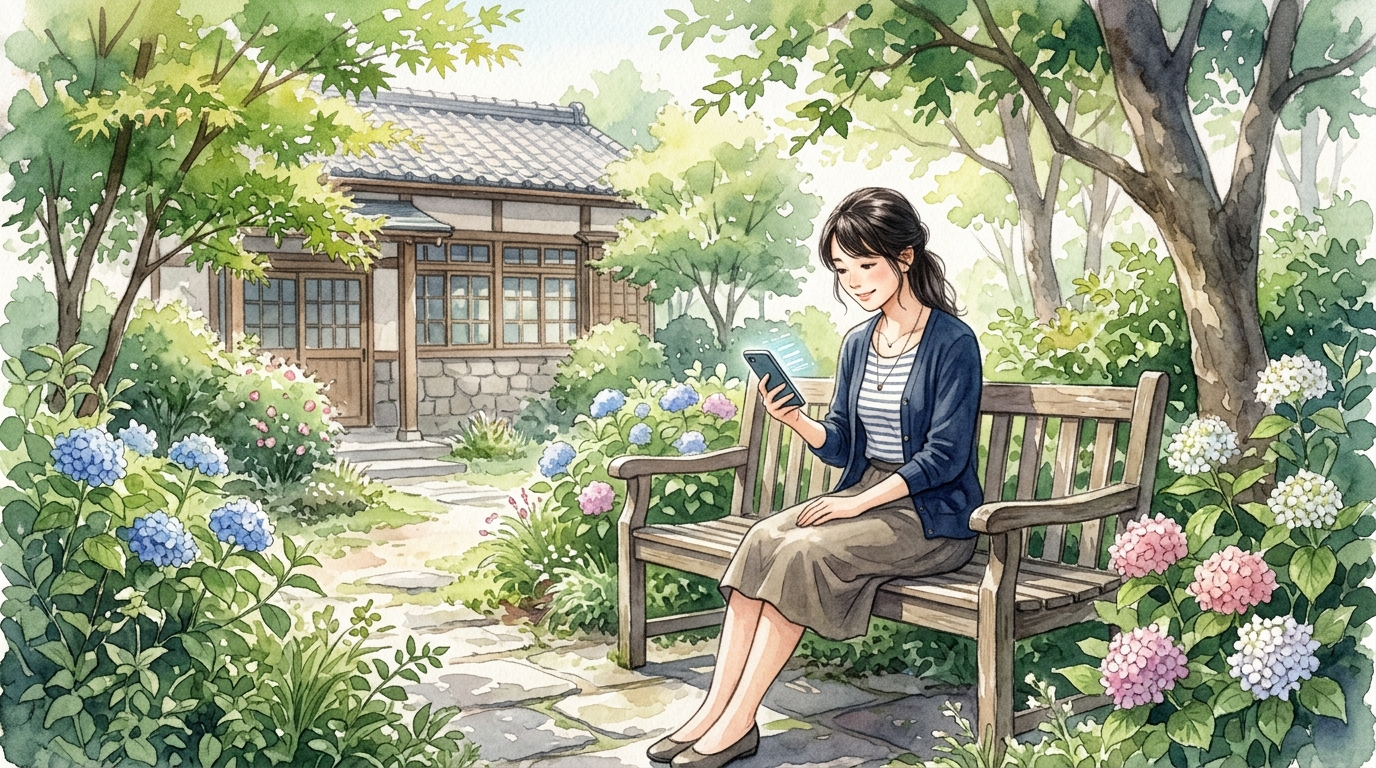 学校の中庭のベンチでスマホの暗記アプリを開いて笑顔で学ぶ教員の様子