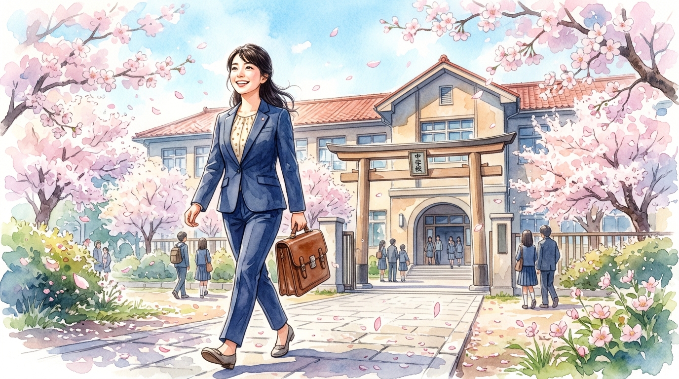 春の桜が舞う校門前を誇らしげに歩く新任教員の姿