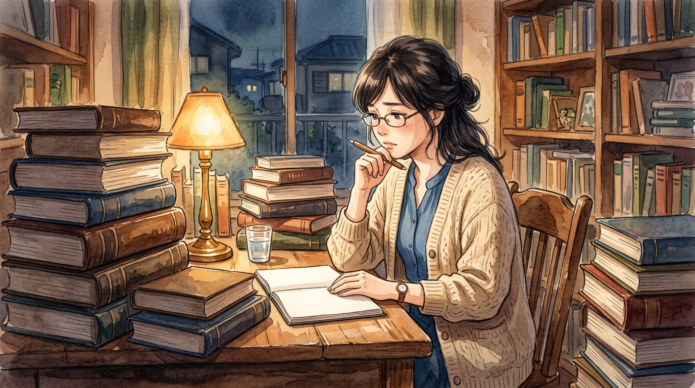 分厚い法律の参考書を前に机で悩む教員の様子