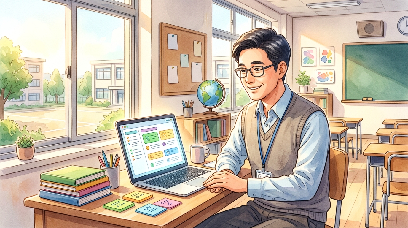 放課後の教室でノートパソコンを開きAIで指導案を作成する教員
