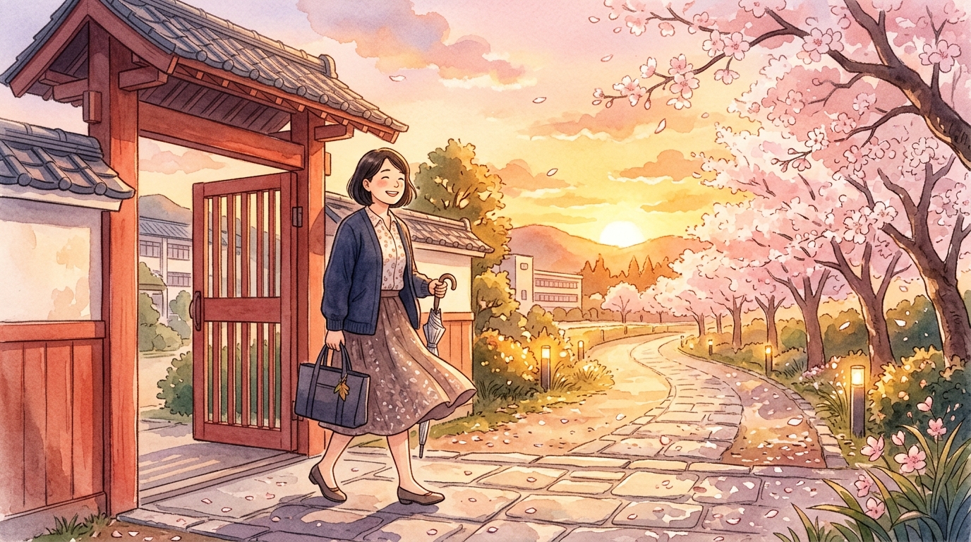 校門を出て夕日の中を笑顔で退勤する教員