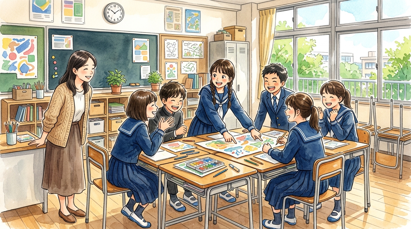 教室で生徒たちが机を合わせて楽しそうにグループ協議を行う様子