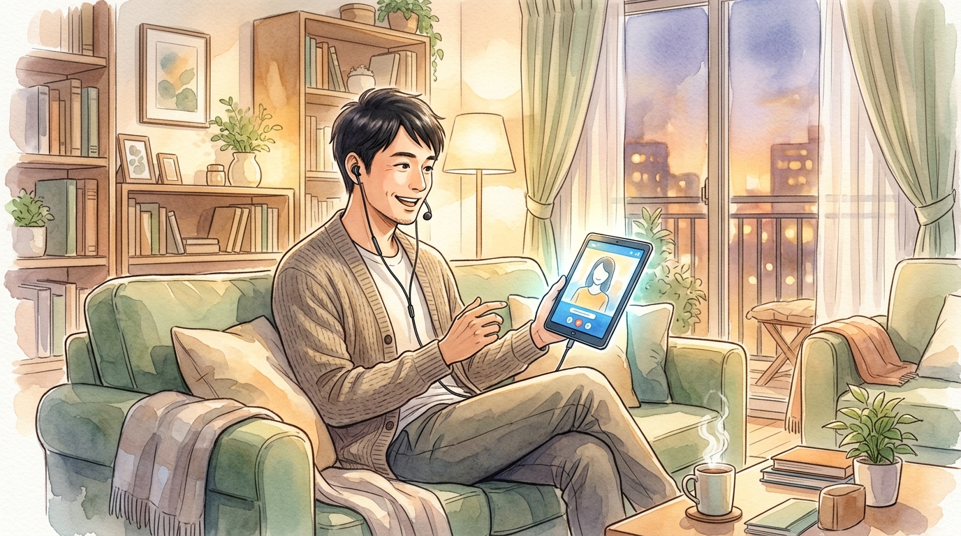 予約不要のオンライン英会話で自宅から手軽にレッスンを受けるイメージ