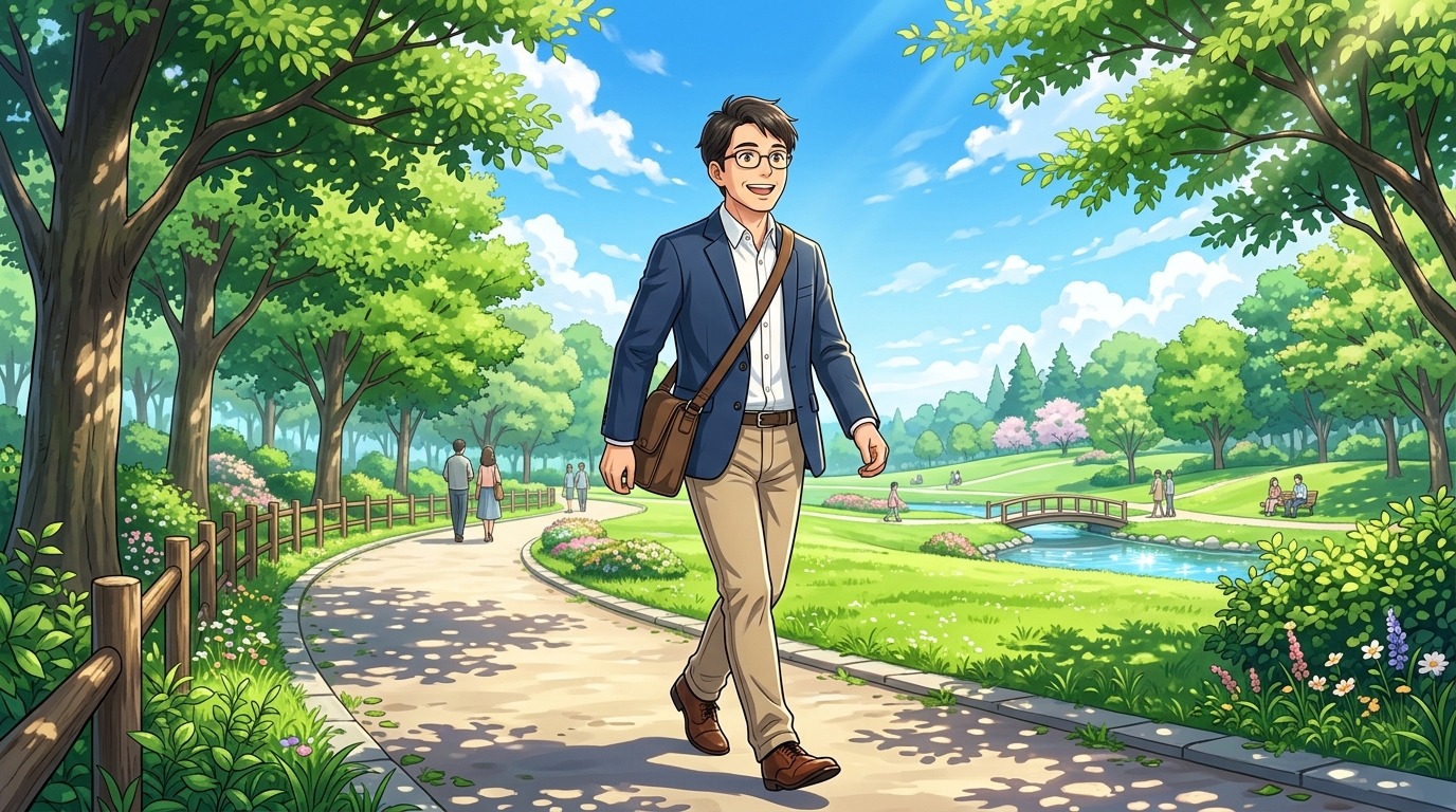 新緑の公園を笑顔で前向きに歩くたく先生のイメージ