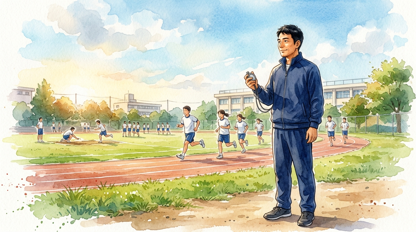 教員が休日のグラウンドで部活動指導を見守るイメージ