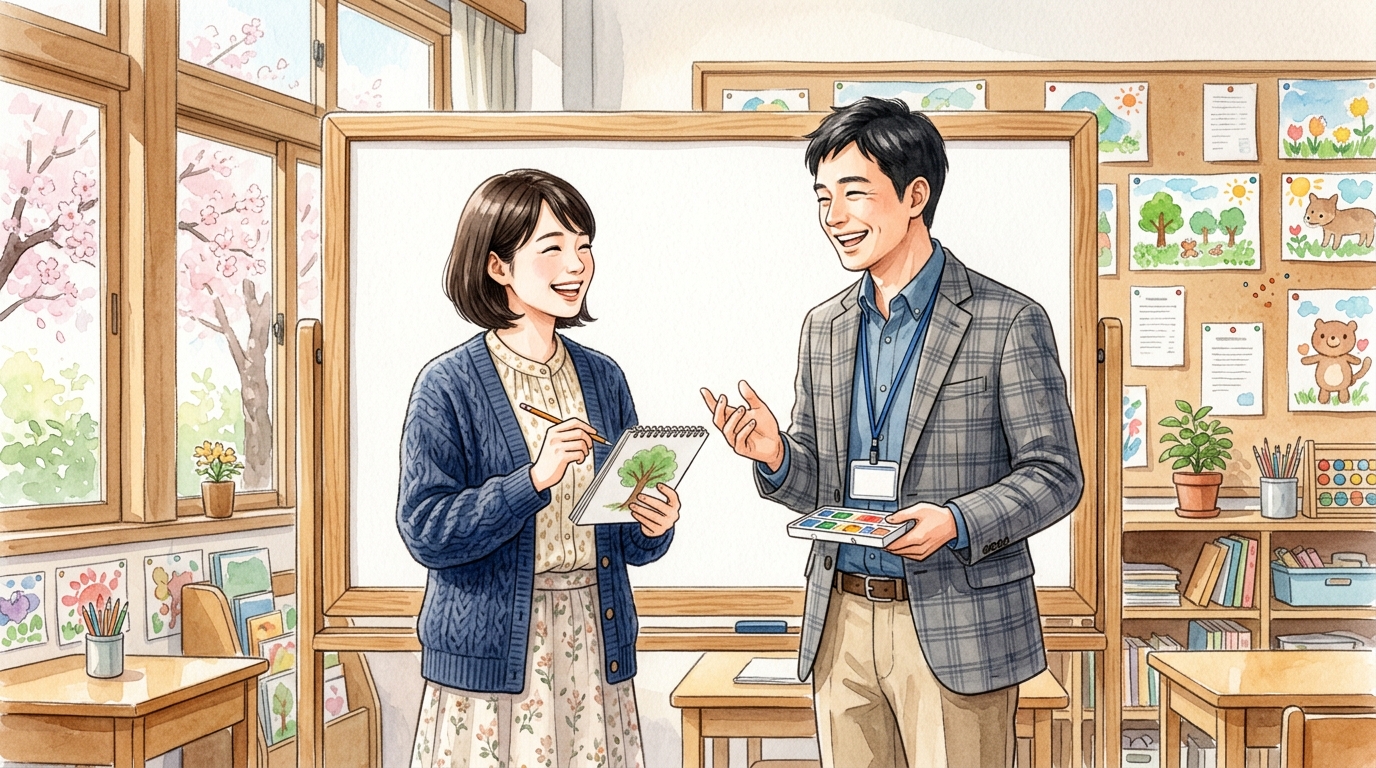 育児短時間勤務で代替教員と協力しながら授業を進めるイメージ