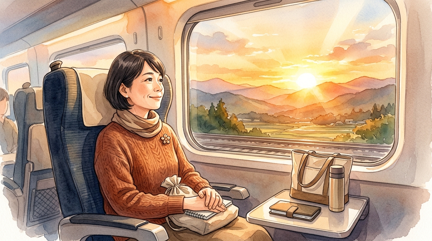 新幹線の窓辺で夕日を眺めながら家族のもとへ帰る教員