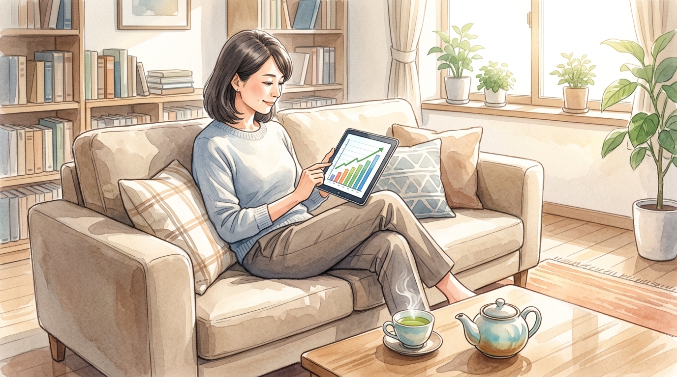 リビングでタブレットを用いて資産形成や家計簿をチェックする教員