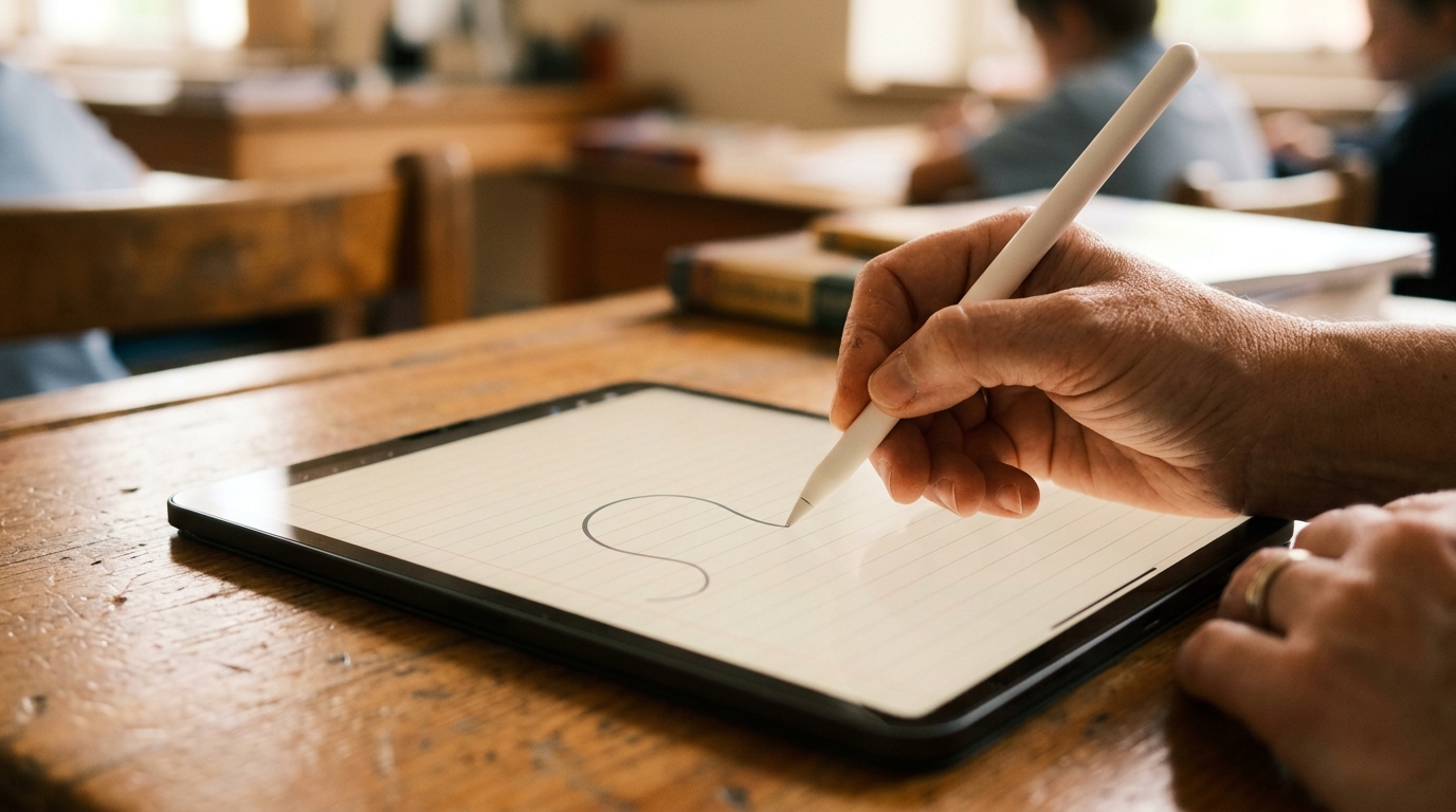 教員がiPadとApple Pencilを使って滑らかに板書を書く様子