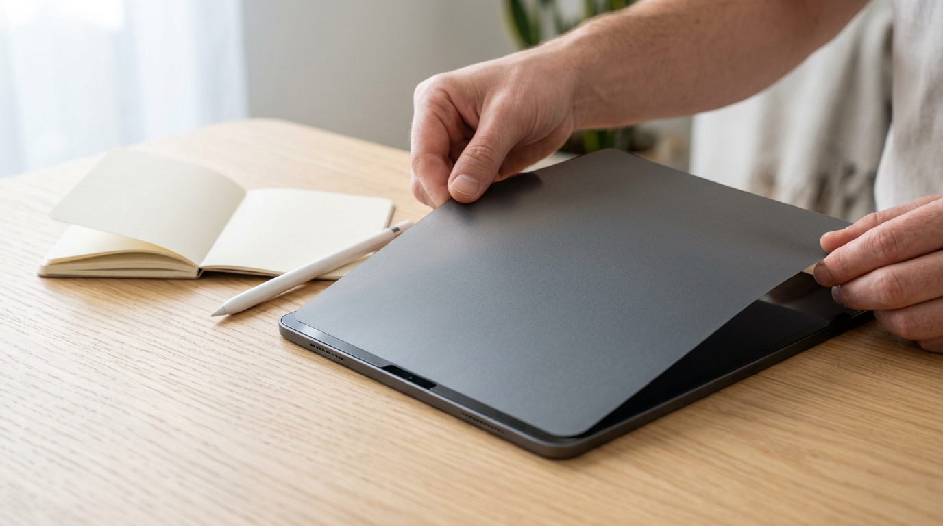 マグネットで簡単に着脱できるペーパーライクフィルムをiPadに装着する様子