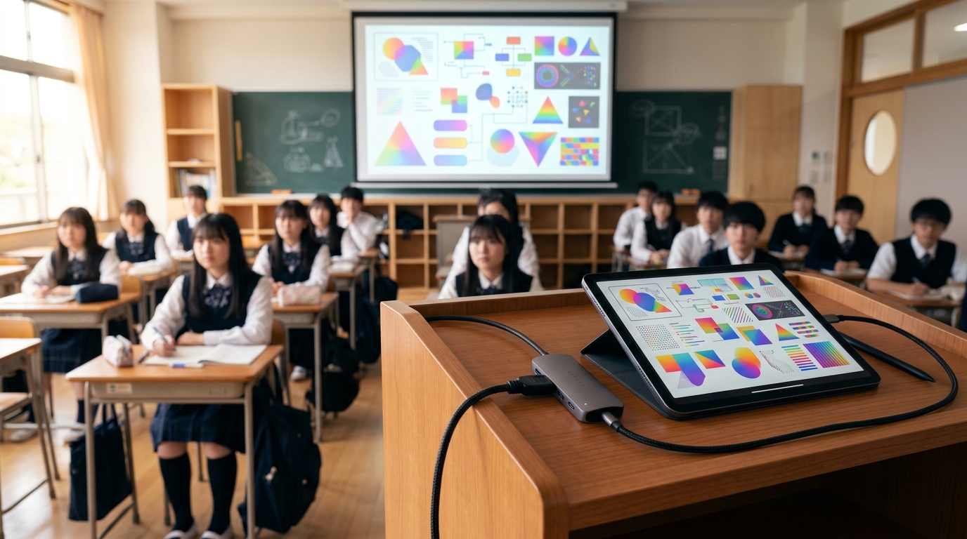 iPadとマルチUSBハブを接続して教室のプロジェクターにスライドを投影する様子