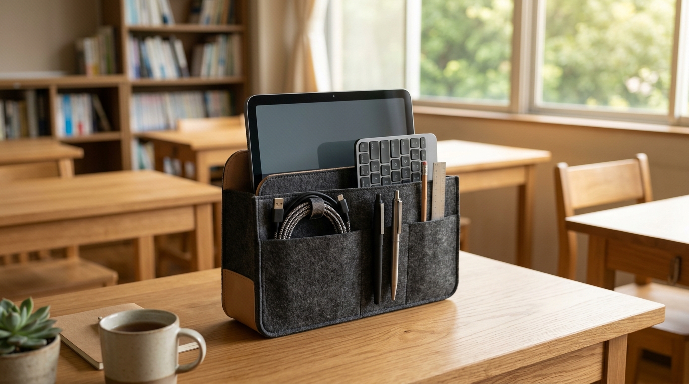 職員室のデスクに自立型バッグインバッグとiPad、静音キーボードが整然と置かれた様子
